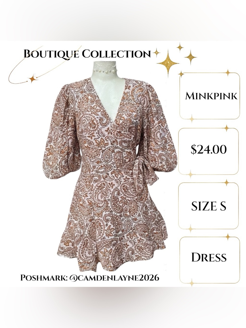 MINKPINK Taupe & Pink Paisley Wrap Mini Dress - Picture 3 of 8